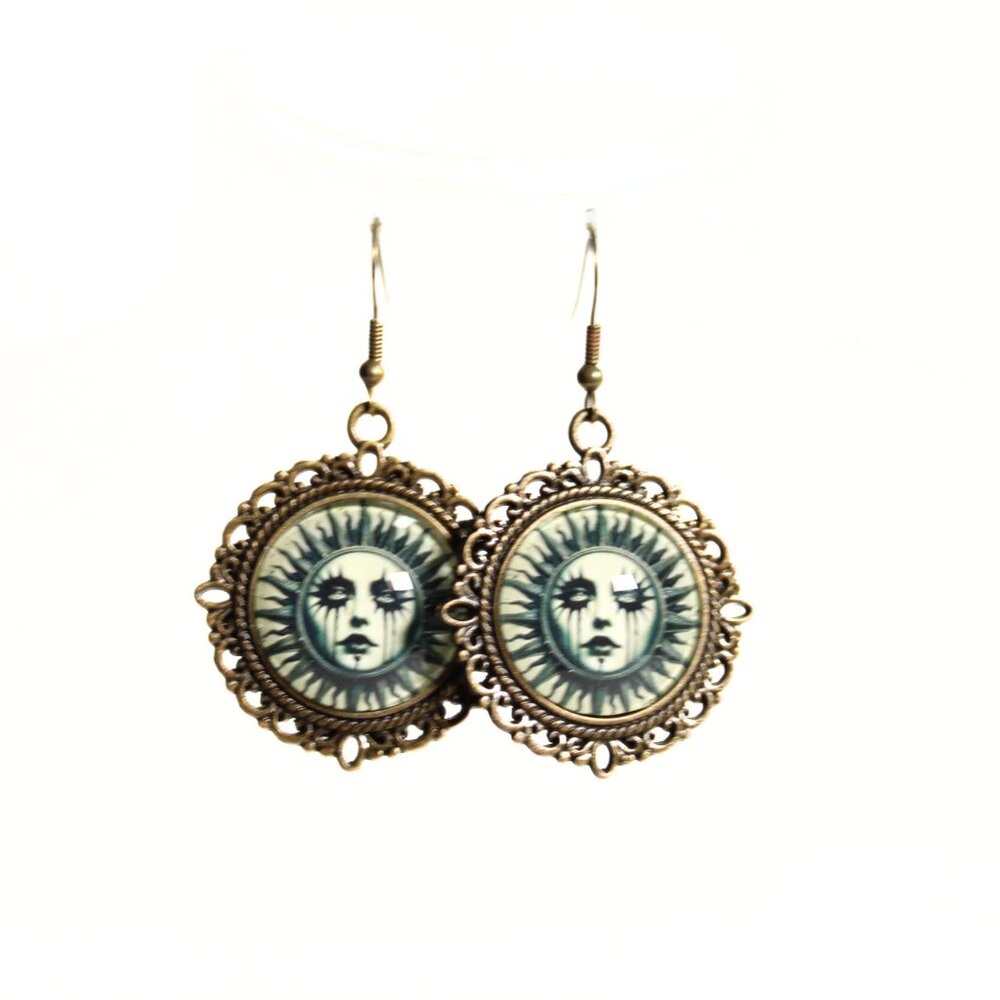 Gothic Victorian “Weeping Solstice” Celestial Sun Cameo Earrings Witchy